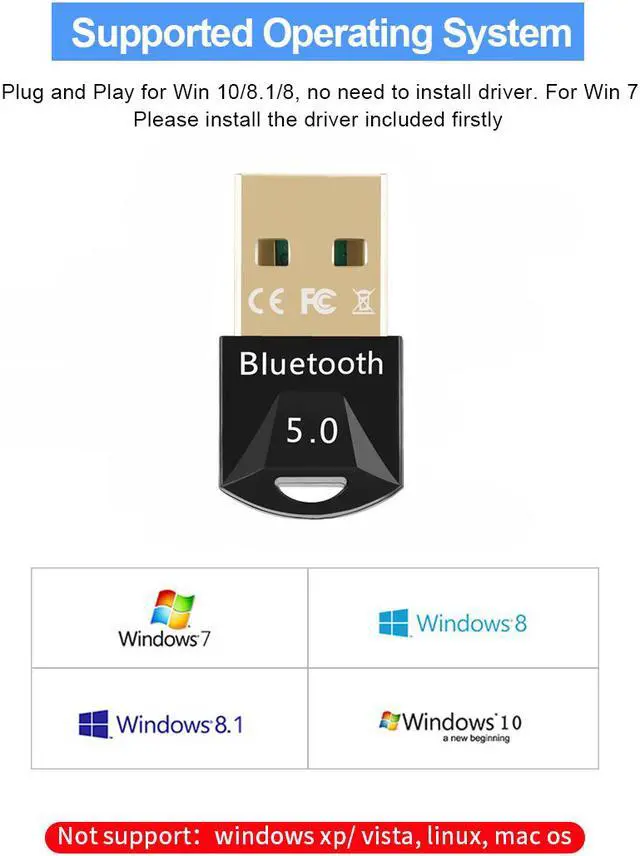Alt view image 7 of 7 - USB Bluetooth 5.0 Adapter for PC Win10/8.1/8/7/XP/Vista, Bluetooth Dongle Receiver/Transmitter Support Multiple Device Connections: Headset, Mouse, Keyboard, Printer, Speaker