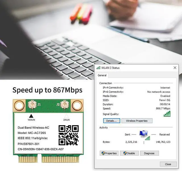 Alt view image 6 of 6 - 1200Mbps Bluetooth 4.2 MC-AC7265 Half Mini PCI-E Wifi Card Wireless AC7265 802.11ac 2.4G 5Ghz For Laptop Better than Intel 7260 7260HMW