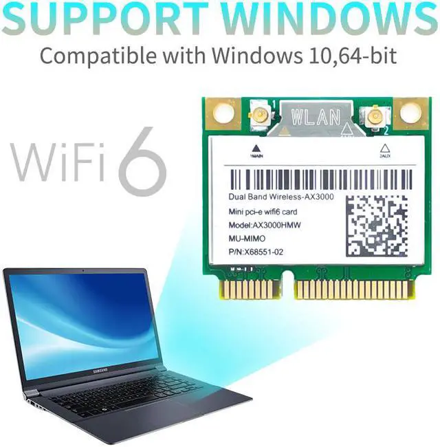 Alt view image 5 of 7 - Wi-Fi 6 AX3000HMW 3000Mbps Bluetooth 5.1 Half Mini PCI-E Network Wlan WIFI Card, Wireless 802.11ax/ac Dual Band 2.4Ghz/5G Adapter MU-MIMO,OFDMA,Windows 10 (64bit) For Intel AX200 Adapter