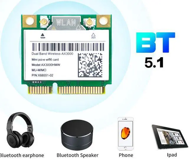 Alt view image 4 of 7 - Wi-Fi 6 AX3000HMW 3000Mbps Bluetooth 5.1 Half Mini PCI-E Network Wlan WIFI Card, Wireless 802.11ax/ac Dual Band 2.4Ghz/5G Adapter MU-MIMO,OFDMA,Windows 10 (64bit) For Intel AX200 Adapter