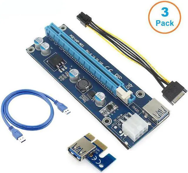 Main image of 3 Pack 6-Pins PCI-e VER 006C PCl-E 16x to 1x Powered Riser Adapter Card with 2ft USB 3.0 Extension Cable & SATA to PCIe 6pin Power Cable GPU Riser Adapter Ethereum Mining ETH