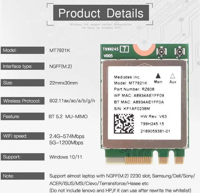 Alt view image 2 of 6 - Wi-Fi 6E MediaTek MT7921k Tri band 1800Mbps 2.4G/5G/6G Bluetooth 5.2 WiFi 6 Wireless Card 802.11AX Windows 10 / 11