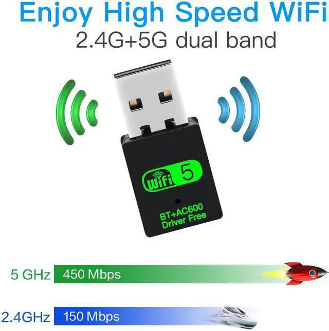 Alt view image 3 of 7 - USB WiFi 5 Bluetooth 5.0 Adapter 2in1 Dongle, 600Mbps Dual Band 2.4/5Ghz Wireless Network External Receiver, Mini USB WiFi Network Wireless Wlan Receiver DRIVER FREE for PC Laptop Desktop