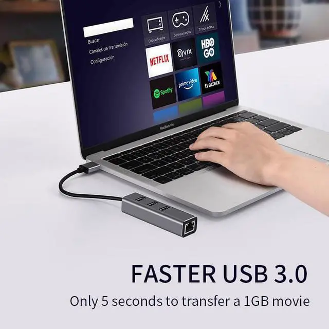 Alt view image 5 of 6 - USB C HUB 1000Mbps 3 Ports USB 3.0 Type C HUB USB to Rj45 Gigabit Ethernet Adapter for MacBook Laptop Computer Accessories