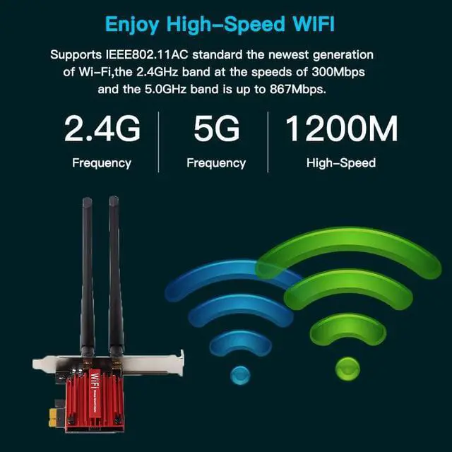Alt view image 3 of 7 - TelDaykemei AC1200 Wireless Dual Band PCI Express Wifi Adapter Bluetooth 4.0, For Intel Wifi Card, Up to 867Mbps(5Ghz), 300Mbps(2.4Ghz), 802.11ac, WI-FI PCIe Adapter, External Antennas For Desktop