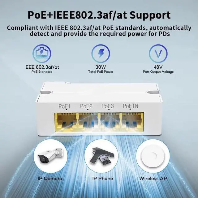 Alt view image 4 of 7 - TelDaykemei 4 Port 100/1000M POE Extender Gigabit Network Switch Repeater IEEE802.3af/at Plug&Play for PoE Switch NVR IP Camera AP