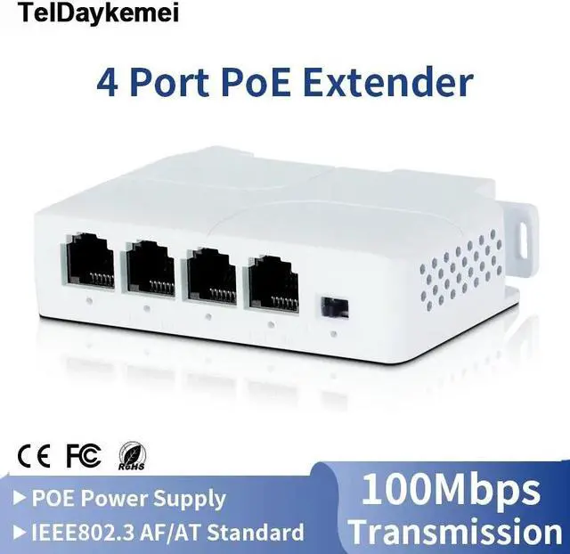 Main image of TelDaykemei  4 Port POE Extender 10/100Mbps 1 to 3 Network Switch Repeater with IEEE802.3af Plug&Play for PoE Switch NVR IP Camera AP