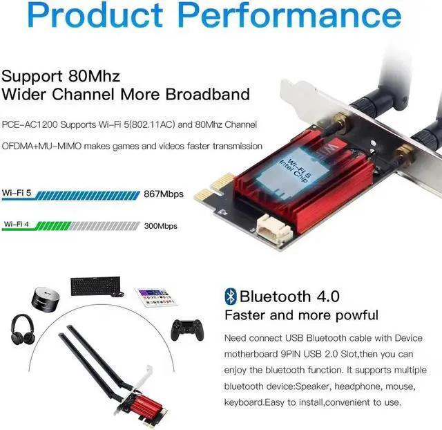Alt view image 3 of 6 - TelDaykemei WiFi 5 PCI-E Wireless Adapter AC1200 Network Card Dual Band 2.4G/5GHz 802.11AC For Bluetooth 4.0 Desktop Windows 7/8/10/11