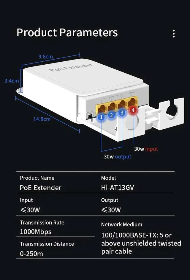 Alt view image 2 of 6 - TelDaykemei Waterproof POE Extender Repeater 4 Port 1000Mbps Outdoor Network IP55 VLAN 44-57V for POE Camera Wierless AP
