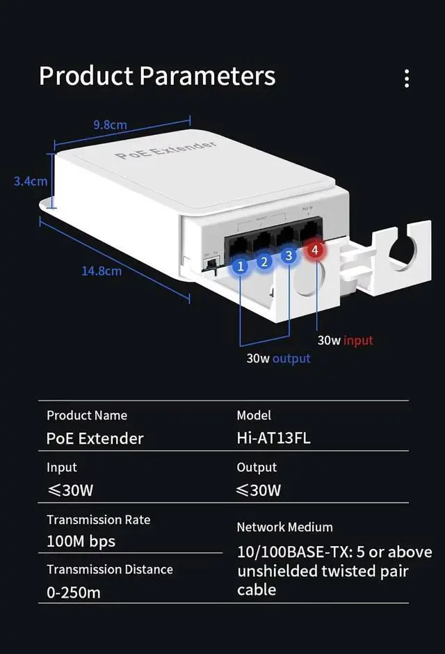 Alt view image 3 of 6 - TelDaykemei 4 Port Waterproof POE Repeater 10/100Mbps Outdoor Network POE Extender IP55 VLAN 44-57V 30W IEEE802.3af for POE System Camera