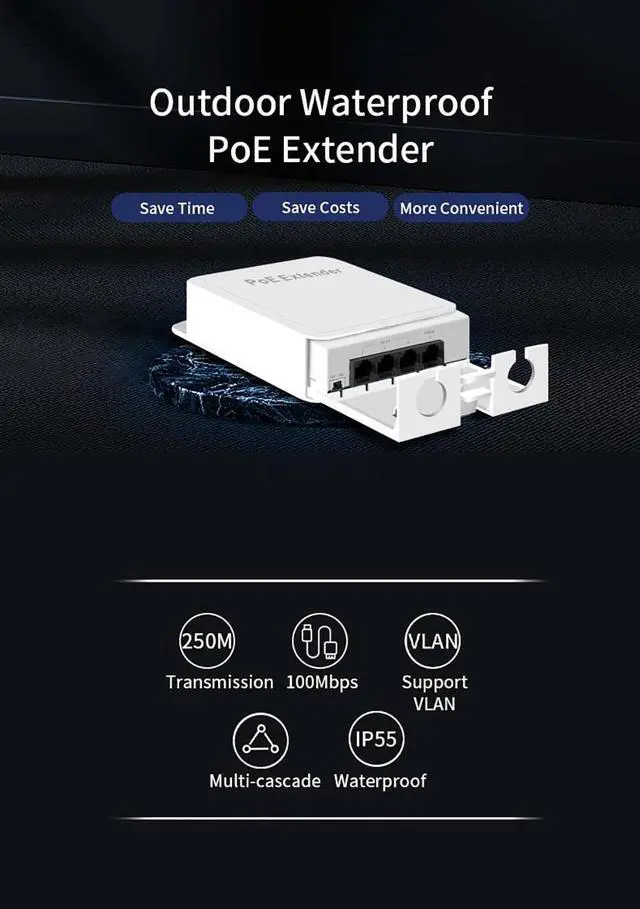 Alt view image 2 of 6 - TelDaykemei 4 Port Waterproof POE Repeater 10/100Mbps Outdoor Network POE Extender IP55 VLAN 44-57V 30W IEEE802.3af for POE System Camera