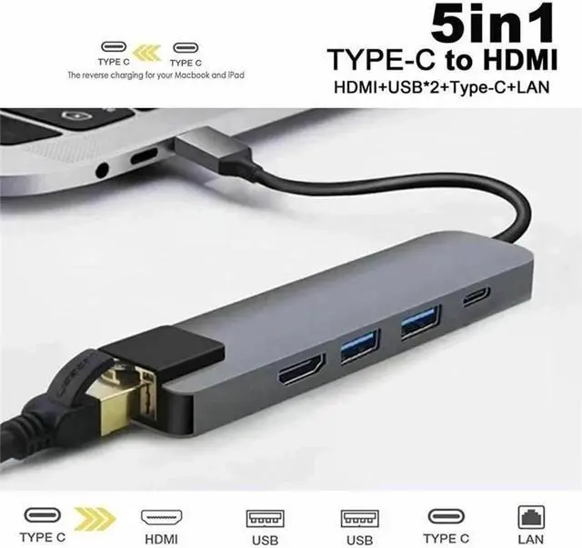 Alt view image 3 of 7 - TelDaykemei 5 in 1 Type C Hub To 4K HD Adapter With RJ45 Network 1000M Ethernet Lan Charger Port Adapter For Macbook Pro