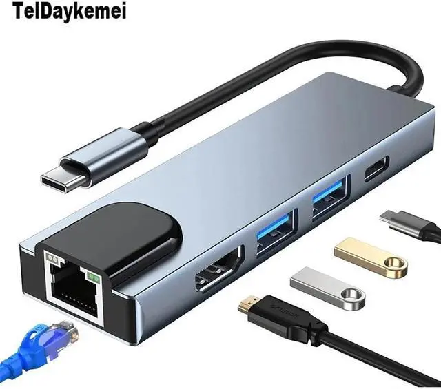 Main image of TelDaykemei 5 in 1 Type C Hub To 4K HD Adapter With RJ45 Network 1000M Ethernet Lan Charger Port Adapter For Macbook Pro