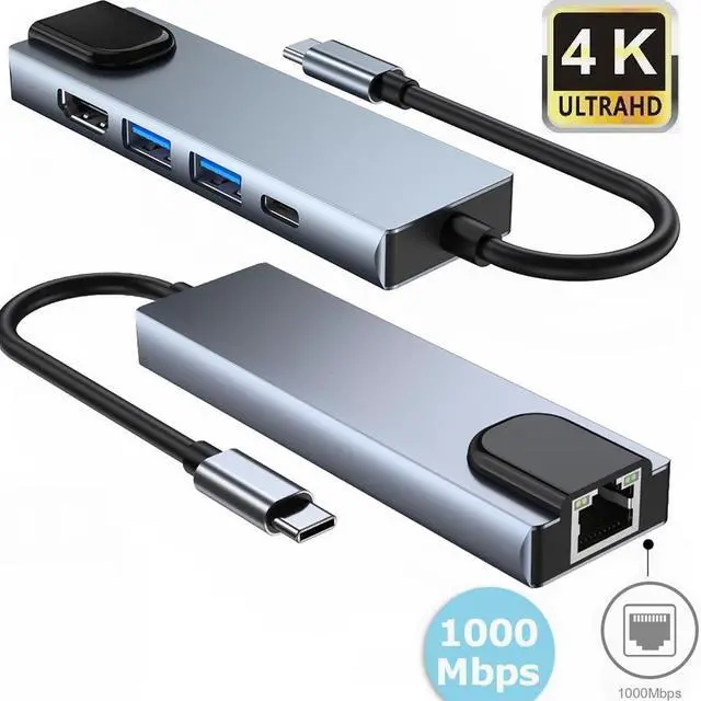Alt view image 2 of 7 - TelDaykemei 5 in 1 Type C Hub To 4K HD Adapter With RJ45 Network 1000M Ethernet Lan Charger Port Adapter For Macbook Pro