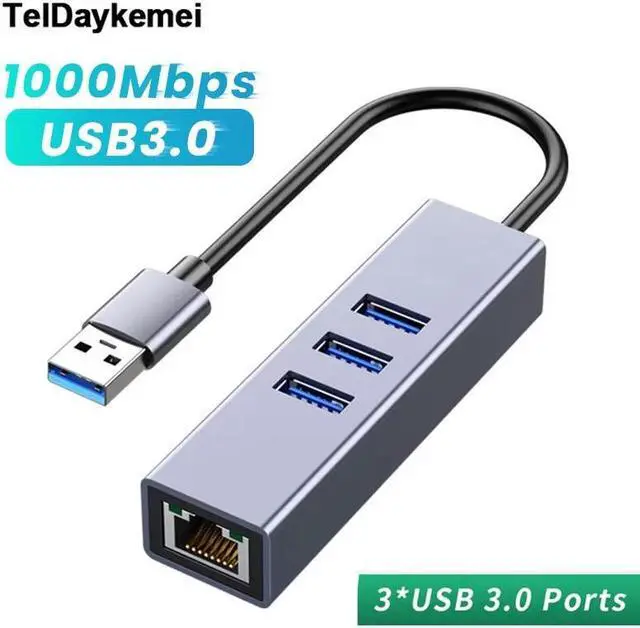 Main image of TelDaykemei USB 3.0 HUB 1000Mbps 3 Ports HUB USB to Rj45 Gigabit Ethernet Adapter RTL8153 for MacBook Laptop Computer