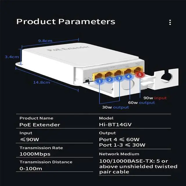 Alt view image 2 of 6 - TelDaykemei 5 Port Waterproof POE Extender 4 Port Repeater 1000Mbps Outdoor Network IP55 VLAN 44-57V for POE Camera Wierless AP
