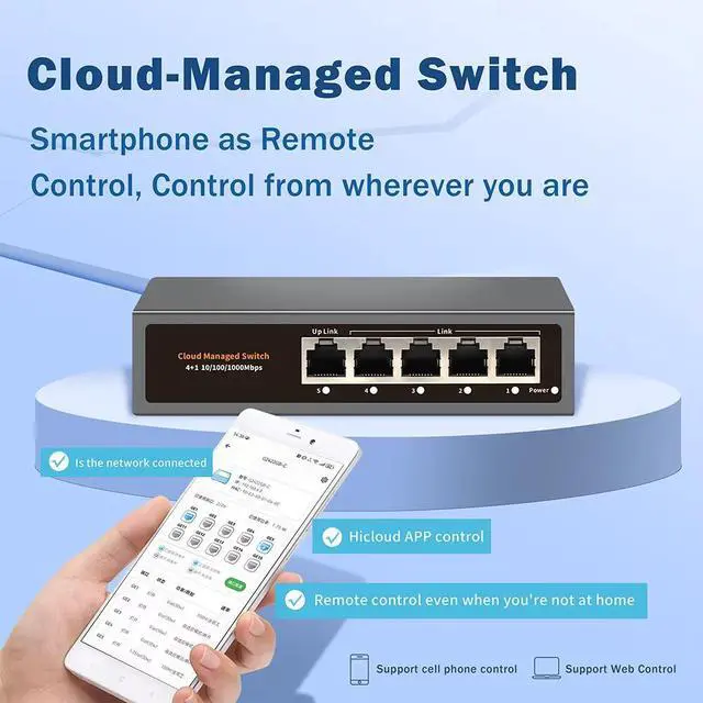 Alt view image 3 of 7 - TelDaykemei WEB/APP Cloud Managed Gigabit Ethernet Network Switch 5 Port 100/1000Mbps Switch Internet Splitter Desktop RJ45 Hub