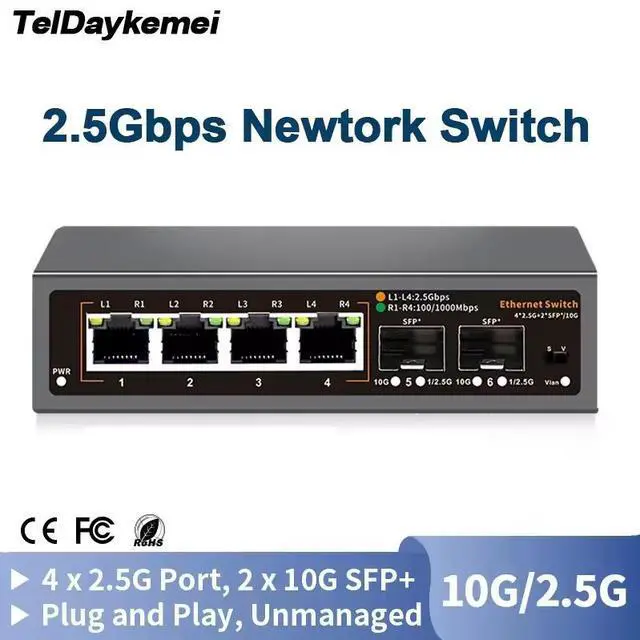 Main image of TelDaykemei 2.5Gbps Ethernet Switch 4 Port 2500Mbps Network Switcher 2 Port 10G SFP+ Slot Home Lab Hub Internet Splitter Plug and Play