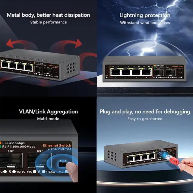 Alt view image 5 of 6 - TelDaykemei 2.5Gbps Ethernet Switch 4 Port 2500Mbps Network Switcher 2 Port 10G SFP+ Slot Home Lab Hub Internet Splitter Plug and Play