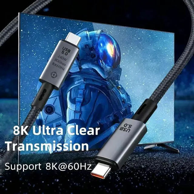 Alt view image 2 of 6 - 240W USB 5.0 Cable 8K 80Gbps For Thunderbolt 5 Fast Charging USB C to C Data Transfer Cable Support 8K Display for laptop 20013-1m