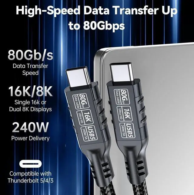 Alt view image 3 of 7 - PD240W Fast Charging Thunderbolt 5 USB Type C Cable 80Gbps Data Transfer 16K/8K Video Wire 0.5/1/2M for iPhone 16 17 Macbook Pro 20010-0.5M