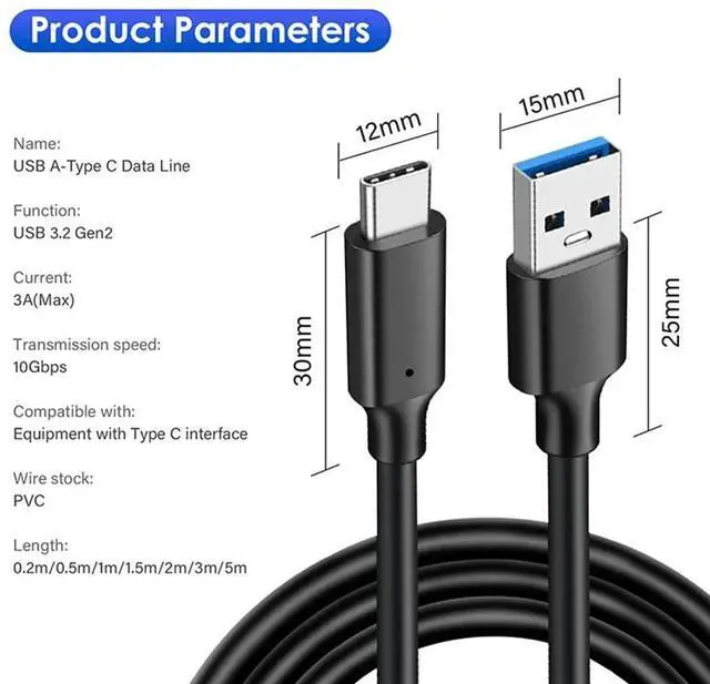 Alt view image 6 of 6 - USB 3.2 10Gbps 3A 60W QC 3.0 Type C Cable USB A to Type-C 3.2 Gen2 Cable Data Transfer USB C SSD Hard Disk Cable Fast Charging 20011-0.5M