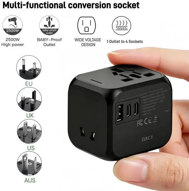 Main image of EU/UK/US/AU 2 Type C Adapter Universal Travel Plug Adapter USB Port Durable All-in-one Charger Adapter International Tourism