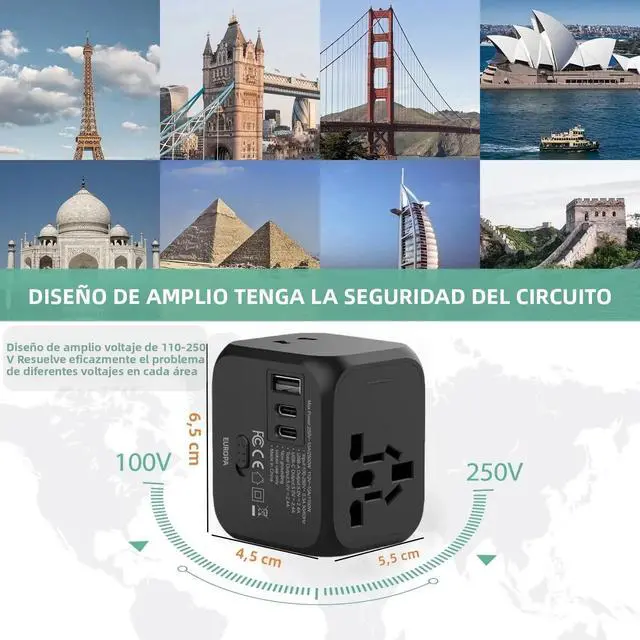 Alt view image 6 of 7 - EU/UK/US/AU 2 Type C Adapter Universal Travel Plug Adapter USB Port Durable All-in-one Charger Adapter International Tourism
