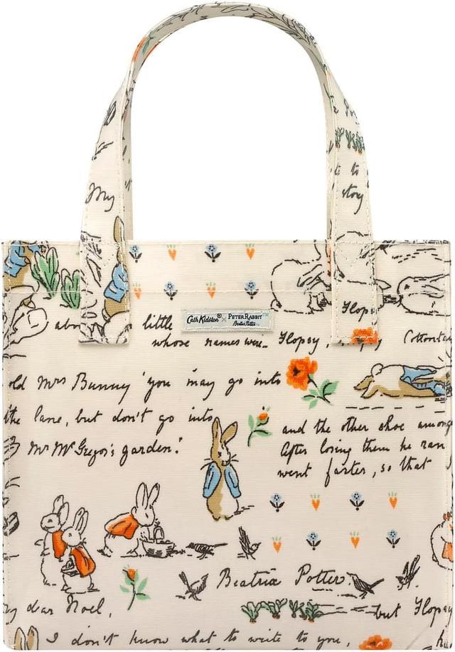 Cath Kidston x Peter Rabbit Limited Edition Small Bookbag Open Top Handled Handbag Lunch Bag Water Resistant Oilcloth Tote Floral Pattern Cream