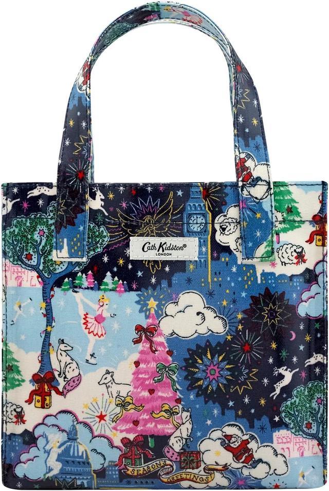 Cath Kidston S Bookbag Small Size Open Top Handled Handbag Lunch Bag Water Resistant Oilcloth Tote Christmas in London Pattern Navy Color