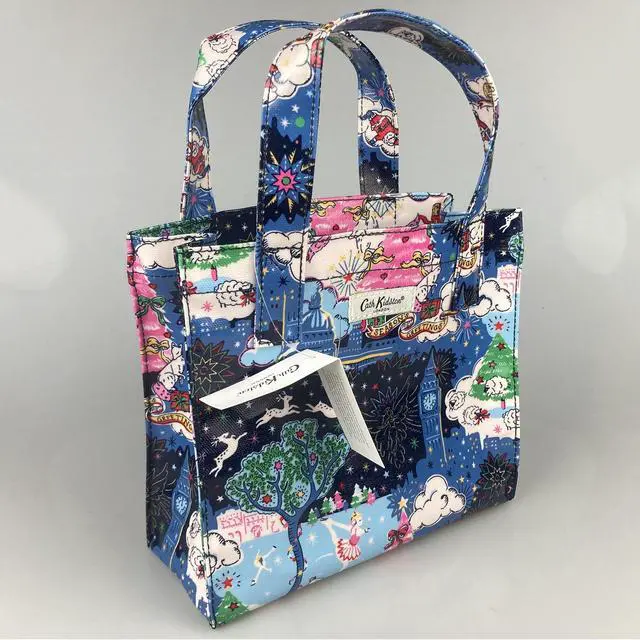 Alt view image 5 of 7 - Cath Kidston S Bookbag Small Size Open Top Handled Handbag Lunch Bag Water Resistant Oilcloth Tote Christmas in London Pattern Navy Color