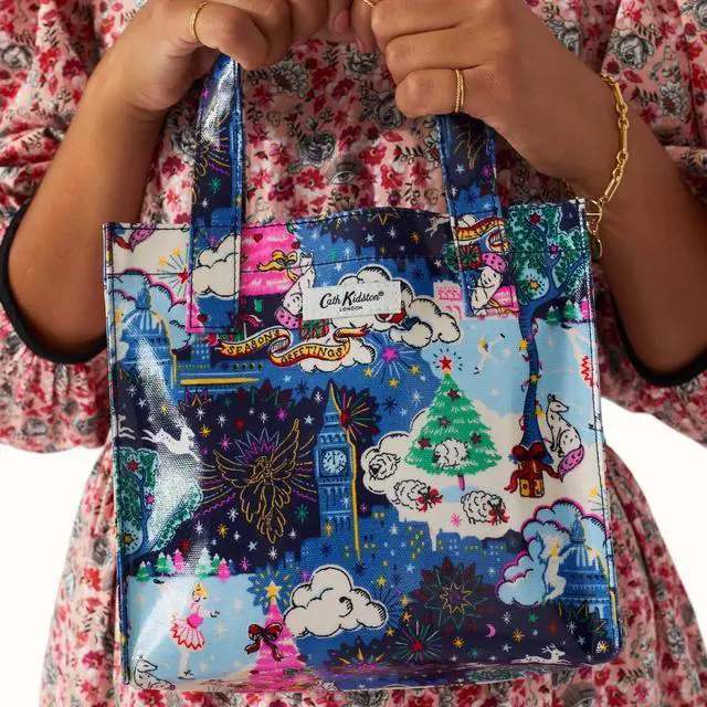 Alt view image 4 of 7 - Cath Kidston S Bookbag Small Size Open Top Handled Handbag Lunch Bag Water Resistant Oilcloth Tote Christmas in London Pattern Navy Color