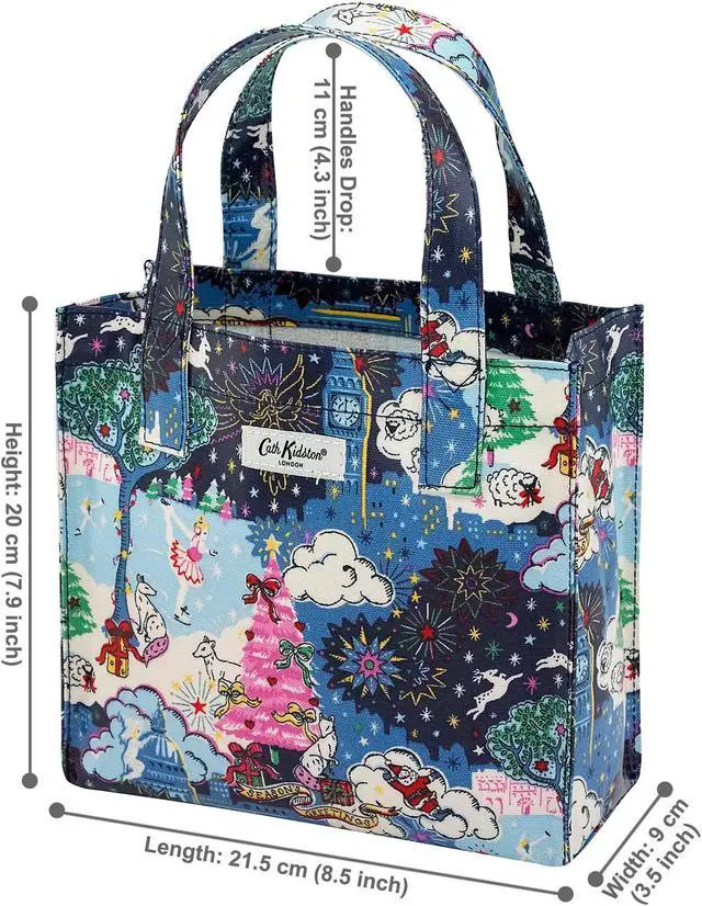 Alt view image 2 of 7 - Cath Kidston S Bookbag Small Size Open Top Handled Handbag Lunch Bag Water Resistant Oilcloth Tote Christmas in London Pattern Navy Color