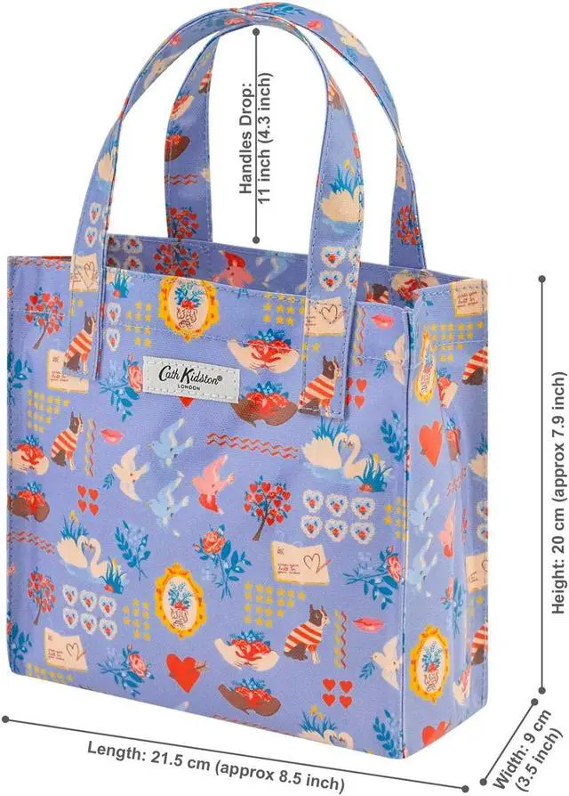 Alt view image 2 of 5 - Cath Kidston S Bookbag Small Size Open Top Handled Handbag Lunch Bag Water Resistant Oilcloth Tote Seasonal Greeting and Floral Pattern Dreamer Multi Blue Color
