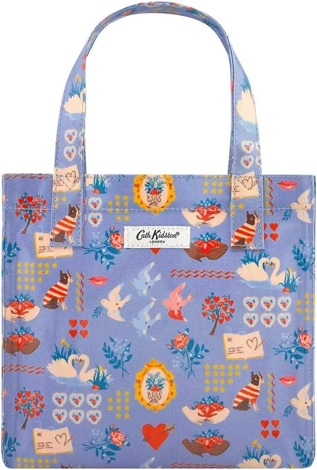 Main image of Cath Kidston S Bookbag Small Size Open Top Handled Handbag Lunch Bag Water Resistant Oilcloth Tote Seasonal Greeting and Floral Pattern Dreamer Multi Blue Color
