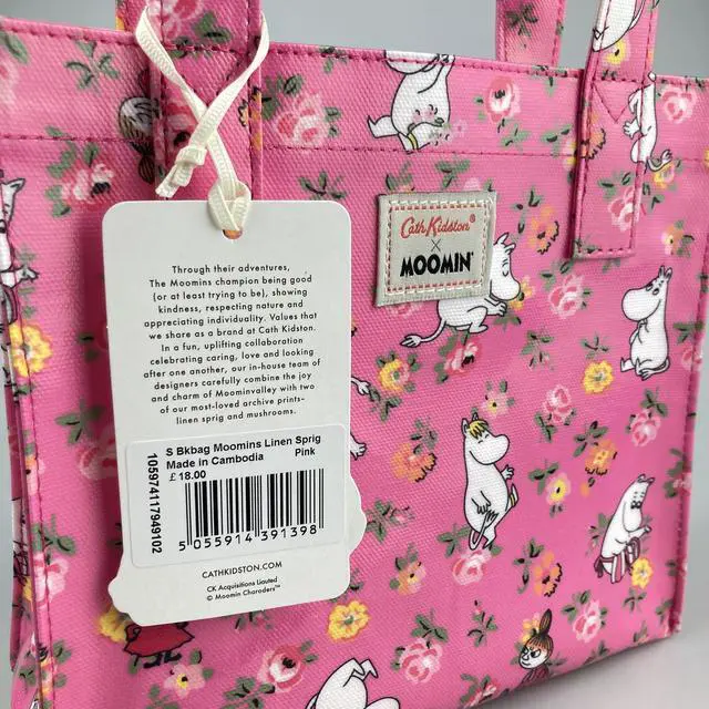 Alt view image 5 of 7 - Cath Kidston x Moomin Limited Edition Small Bookbag S Size Open Top Handled Handbag Lunch Bag Water Resistant Oilcloth Tote Moonins Linen Sprig Floral Pattern Pink Color
