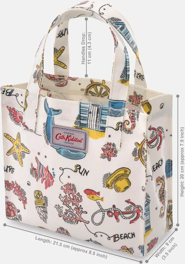 Alt view image 2 of 5 - Cath Kidston Small Bookbag S Size Open Top Handled Handbag Lunch Bag Water Resistant Oilcloth Tote Beach & Sea Pattern (Summer Time Warm Cream Color)