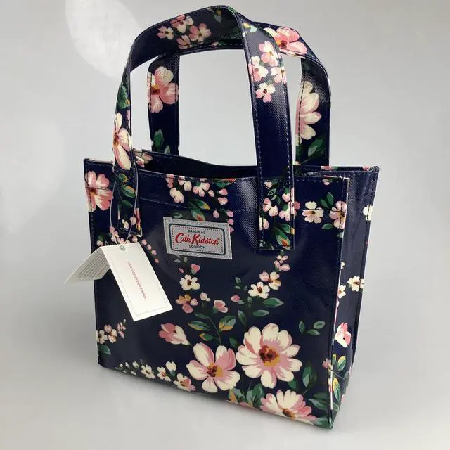 Alt view image 4 of 6 - Cath Kidston Small Bookbag S Size Open Top Handled Handbag Lunch Bag Water Resistant Oilcloth Tote Big Floral Pattern (Spitalfields / Navy Color)