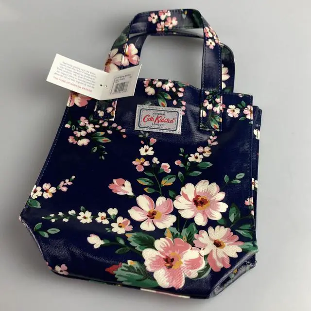 Alt view image 6 of 6 - Cath Kidston Small Bookbag S Size Open Top Handled Handbag Lunch Bag Water Resistant Oilcloth Tote Big Floral Pattern (Spitalfields / Navy Color)
