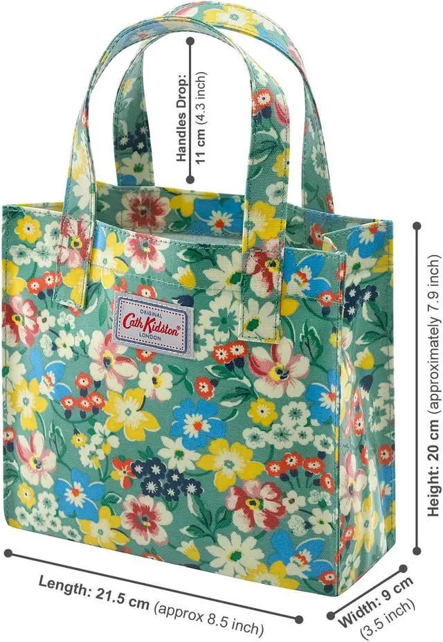 Alt view image 2 of 7 - Cath Kidston Small Bookbag S Size Open Top Handled Handbag Lunch Bag Water Resistant Oilcloth Tote Big Floral Pattern (Portland Flowers / Sage Green Color)