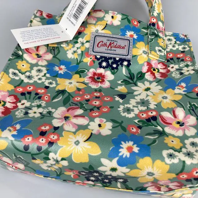 Alt view image 7 of 7 - Cath Kidston Small Bookbag S Size Open Top Handled Handbag Lunch Bag Water Resistant Oilcloth Tote Big Floral Pattern (Portland Flowers / Sage Green Color)