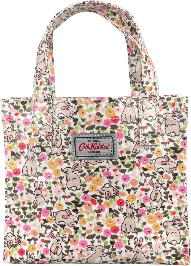 Main image of Cath Kidston Small Bookbag S Size Open Top Handled Handbag Lunch Bag Water Resistant Oilcloth Tote Garden Animals Pattern (Bunny Meadow / Linen White)