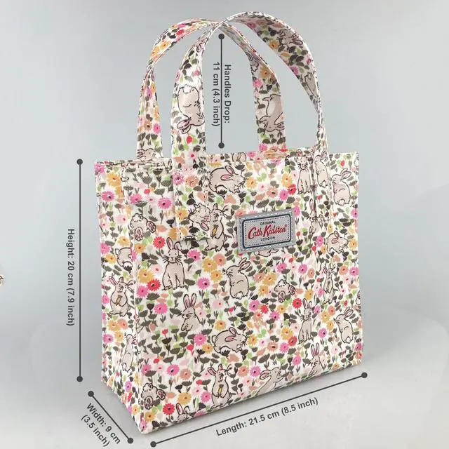 Alt view image 3 of 5 - Cath Kidston Small Bookbag S Size Open Top Handled Handbag Lunch Bag Water Resistant Oilcloth Tote Garden Animals Pattern (Bunny Meadow / Linen White)