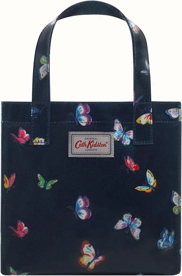 Main image of Cath Kidston Small Bookbag S Size Open Top Handled Handbag Lunch Bag Water Resistant Oilcloth Tote Garden Animals Pattern (Butterflies / Navy)