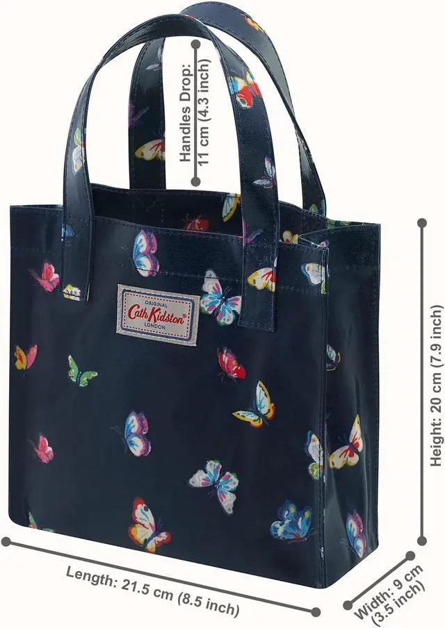 Alt view image 2 of 6 - Cath Kidston Small Bookbag S Size Open Top Handled Handbag Lunch Bag Water Resistant Oilcloth Tote Garden Animals Pattern (Butterflies / Navy)