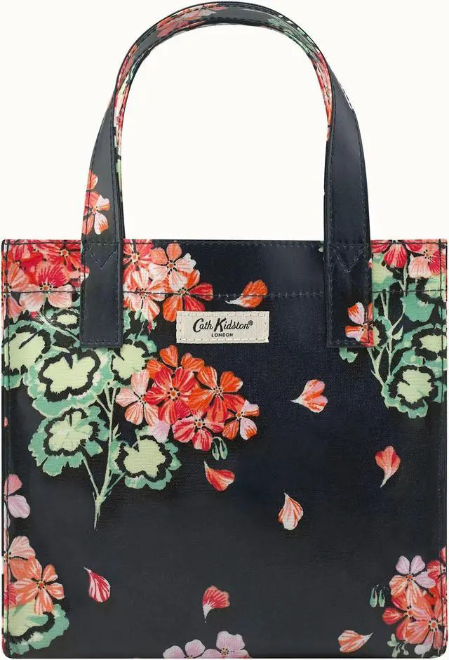 Main image of Cath Kidston Small Bookbag S Size Open Top Handled Handbag Lunch Bag Water Resistant Oilcloth Tote Big Floral Pattern (Geraniums Flowers / Navy Color)