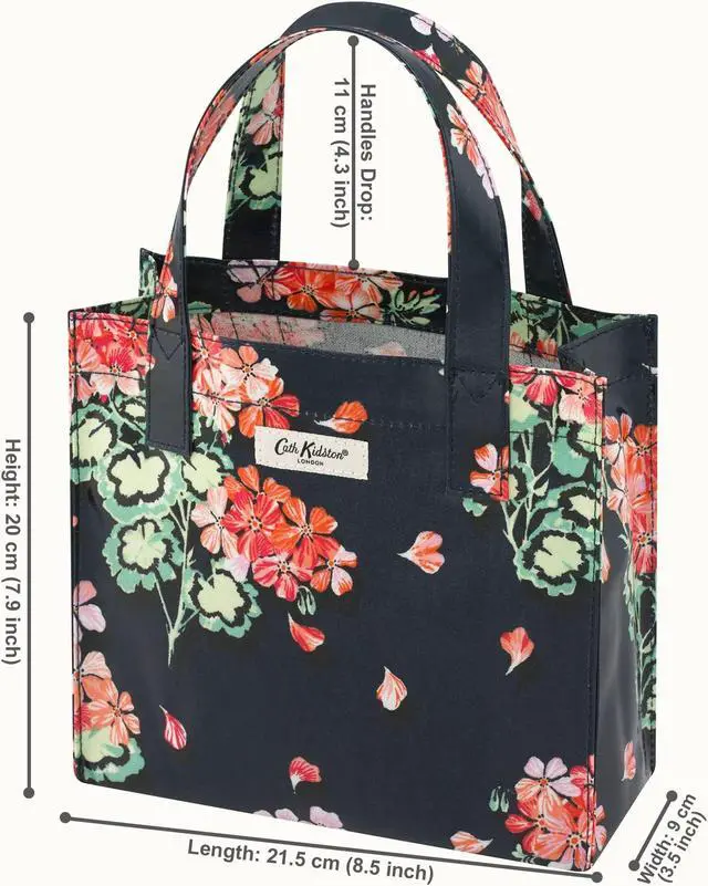 Alt view image 2 of 5 - Cath Kidston Small Bookbag S Size Open Top Handled Handbag Lunch Bag Water Resistant Oilcloth Tote Big Floral Pattern (Geraniums Flowers / Navy Color)