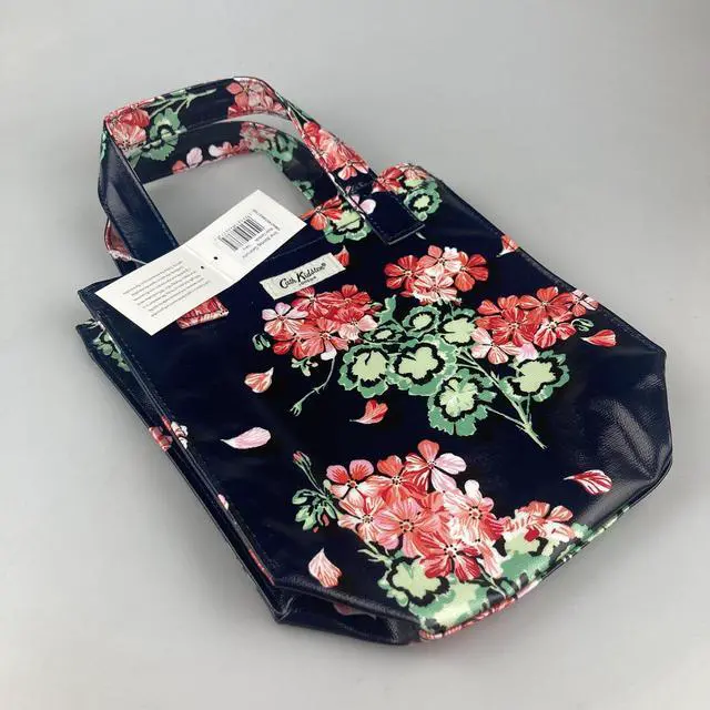 Alt view image 5 of 5 - Cath Kidston Small Bookbag S Size Open Top Handled Handbag Lunch Bag Water Resistant Oilcloth Tote Big Floral Pattern (Geraniums Flowers / Navy Color)