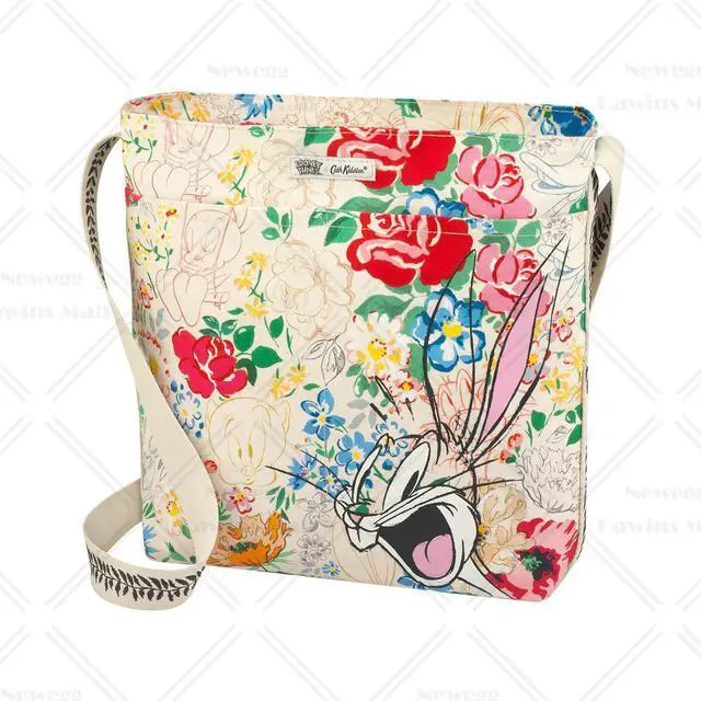 Main image of Cath Kidston x Looney Tunes Special Edition Zipped Messenger Bag Women Crossbody Bag Tunes Blooms Bugs Bunny Porky Pig and Tweety Bird in Flowers Pattern Cream Color