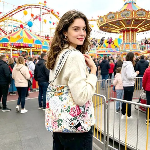 Alt view image 2 of 7 - Cath Kidston x Looney Tunes Special Edition Zipped Messenger Bag Women Crossbody Bag Tunes Blooms Bugs Bunny Porky Pig and Tweety Bird in Flowers Pattern Cream Color